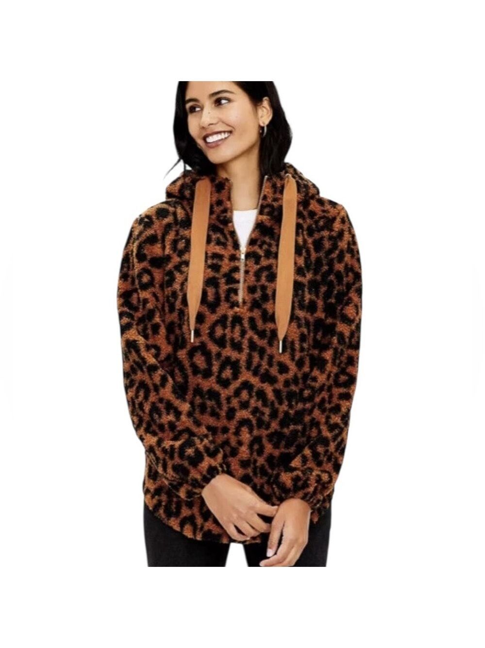 LOFT Leopard Print 1/4 Zip Sherpa Hoodie Auburn Size XL